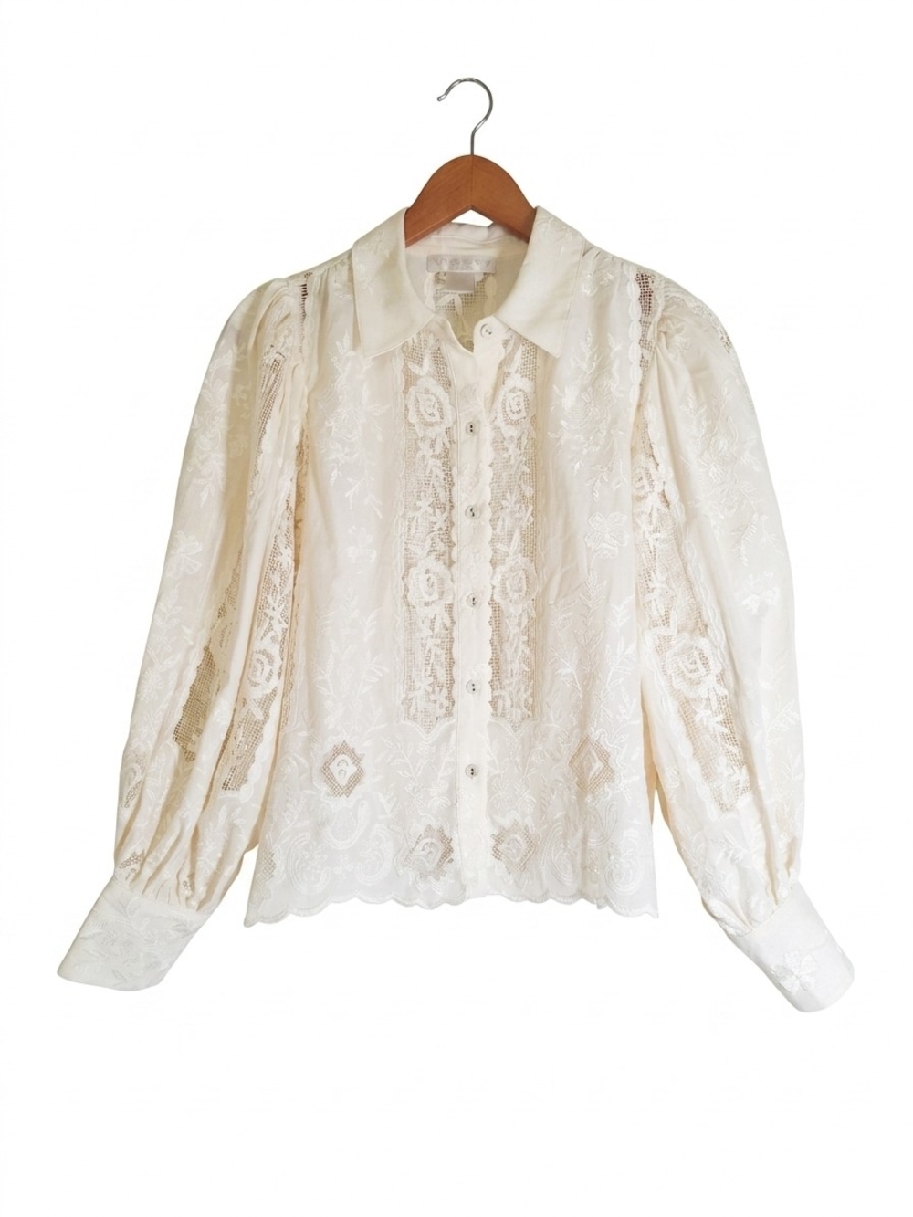 Caroline Constas Cream Lace Button-Down Puff Sleeves Blouse Size XS